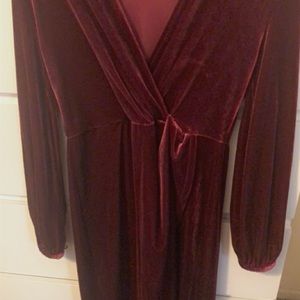 burgundy velvet material midi dress with v-neck